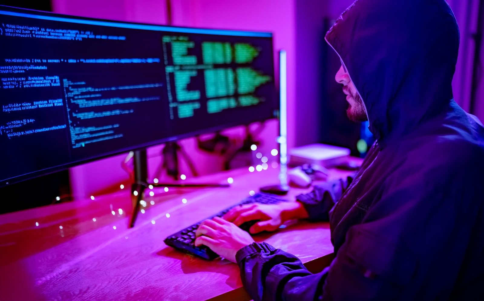 Hacker programmer hacking system at office